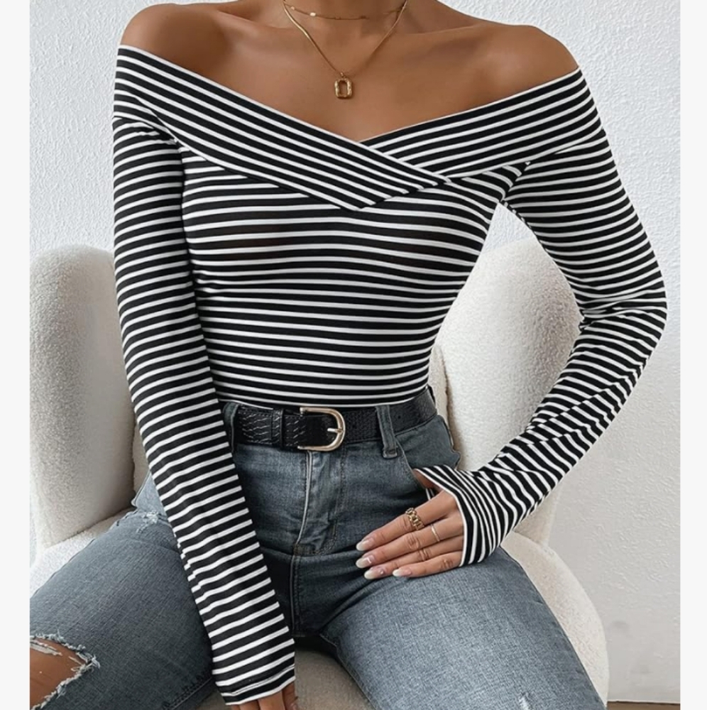 Striped Off-Shoulder Black and White Top Size M NWT